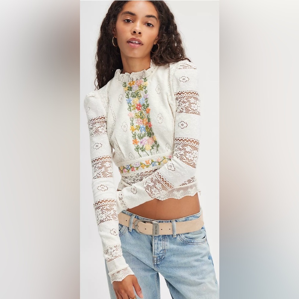 Free People Garden Grace Floral Embroidered Lace Top- Ivory Size Small New w/Tag